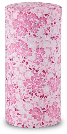 NOREN Japanese Tea Canister Tin (Yuzen Washi Paper - Oboro Sakura/Pink), 7.06oz Size/Made in JAPAN with Includes Inner Lid of Airtight Damp-Proof/Kitchen Jar for Loose Leaf Coffee Tea Spice and More