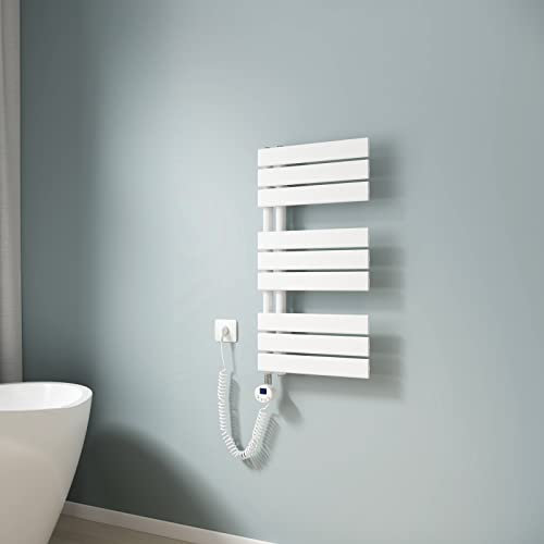 EMKE Toallero electrico baño con Termostato de Elemento Calefactor, 762x400mm 400W Radiador toallero con Barra Calefactora con Temporizador, Blanco