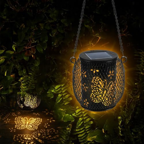 Lanterna Solare da Esterno, 2 Pezzi Sospesa Lampada Solare da Giardino avec Lampadina LED, IP65 Impermeabile Lanterne Solari da Esterno per Giardino Balcone Terrazza Decorazione (Farfalla)