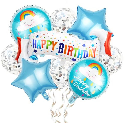 KOBOKO Happy Birthday Ballon Set, 9 Stück Happy Birthday Folienballon Geburtstag Junge Mädchen, Konfetti Luftballons Geburtstag Deko, Regenbogen Stern Helium Ballons Geburtstag für Kinder Party Deko