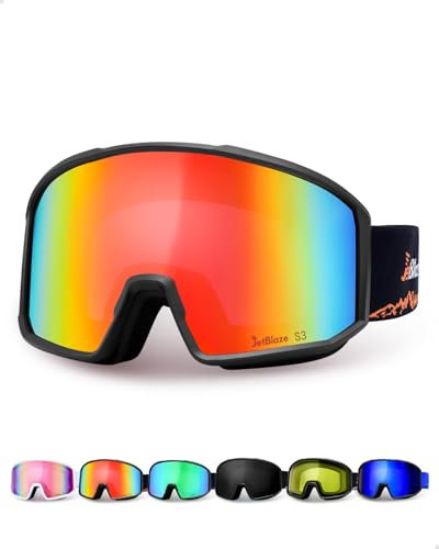 JetBlaze Skibrille Herren Damen Unisex OTG Skibrille für Brillenträger Schneebrille Anti Nebel UV Schutz Snowboardbrille Ski Goggles für Skifahren Kompatibler Helm Zylindrische Verspiegelt Rot Linse