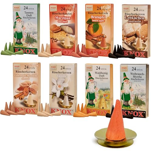 Knox Räucherkerzen Set – 8 Duftsorten (Tannenduft, Weihrauch-Myrrhe, Lebkuchen, Vanille, Waldhonig, Bratapfel, Marzipan & Gebrannte Mandeln) inkl. Kerzenhalter – Räucherkegel Made in Germany