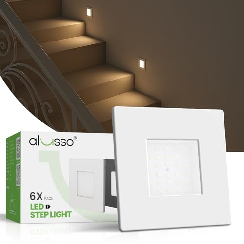 ALUSSO 3WT&3CCT LED Stair Lights IP44 Recessed Staircase Lights 6 Pack | Power Selectable 0.5W 1.5W 2.5W, CCT Selectable 3000K 4000K 6500K, LED Step Lights for Stairwell Corridor, Square White