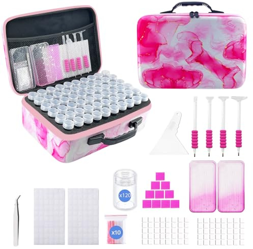 SuSentak 120 Slot Diamond Art Storage Box | Pink Bead Organizer Case with Drill Tools, Portable Craft Box, For 5D DIY Art Kits
