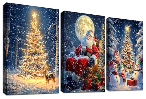 3 Pcs Wooden Framed Canvas Wall Art Christmas Tree Canvas Prints Christmas Santa Snowman Painting Snowy Scene Winter Pictures for Living Room Bedroom Hallway Stairs Holiday Wall Decor 30x40 cm x3pcs