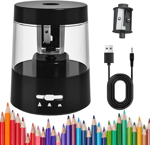 ZMOL Electric Pencil Sharpener, USB Powered & Battery Operated, Non-Rechargeable, 3 Tip Settings, Auto Stop for 6-8mm No.2/HB & Coloured Pencils, Large Container, School/Home/Office/Black