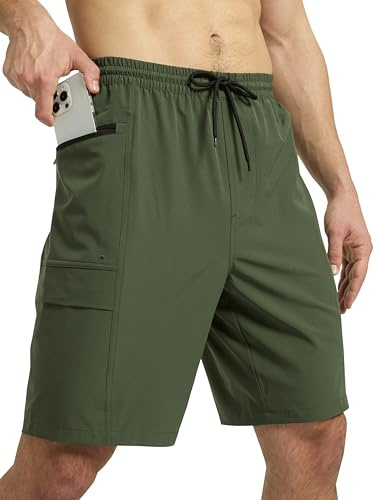 Arcweg Men Swimming Shorts Long with Zip Pockets Board Shorts Mens Swim Shorts Quick Dry Swimming Trunks with Mesh Lining Surf Swimming Beach Army Green L