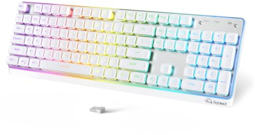 FREEWOLF M104 RGB Kabellose Computertastatur, QWERTY, Ergonomische Membrantasten mit Flachem Profil, 2,4G/BT/USB, Spill-Resistant, 4000mAh, Leise Full-Size mit Nummernblock für PC, Mac - Weiß