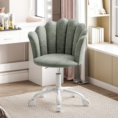 Vanity Chair with Wheels, Fabric Swivel Desk Chair with Petal Back Support | Ergonomic Adjustable Height Home Office Chair, Comfy Upholstered Computer Armchair for Home Office Bedroom Living Room, Green