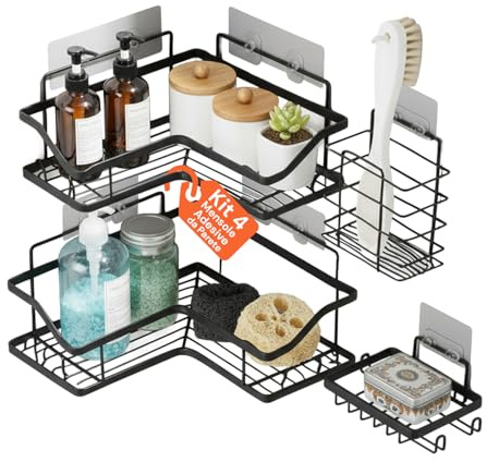 Avilia – Mensole Angolo per Muro Adesive, Set 4 Pezzi in Metallo con Ganci Integrati, Senza Foratura, Organizer Bagno Cucina Salvaspazio, Installazione Immediata Design Moderno