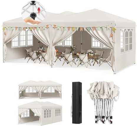 WOLTU Paviljong, med 6 sidoväggar, vikbar paviljong 3 x 6 pop-up, höjdjusterbar väderbeständig, med bärväska UV-skydd, för utomhus fest trädgård camping, beige