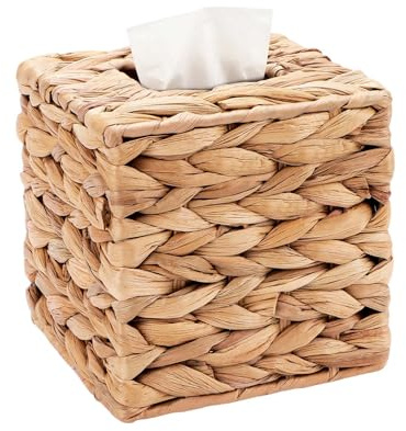 Caja de pañuelos de jacinto de agua hecha a mano – Caja cuadrada para pañuelos cosméticos para cocina y oficina – Dispensador de papel decorativo de aspecto natural
