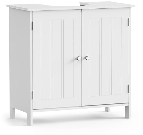 VonHaus Under Sink Bathroom Cabinet – White Under Sink Storage for Bathroom - Freestanding Under Basin Cabinet with 2 Shelves - Tongue & Groove Design Doors – Shaker Style Furniture – Holbrook