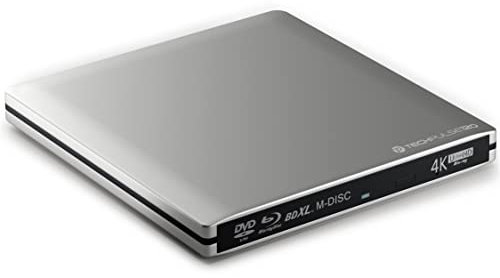 techPulse120 portables USB 3.0 4K UHD 3D M-Disc BDXL HDR10 Laufwerk Blu-ray Brenner Burner Superdrive Ultra-Slim BD DVD CD für Netbook Notebook Ultrabook Windows Mac OS Apple iMAC MacBook Alu Silber