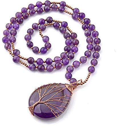 JOVIVI Raw Amethyst Crystal Tree of Life Necklace Women Prayer Mala Meditation Beads Natural Purple Gemstone Healing Chakra Long Necklace Men Jewellery