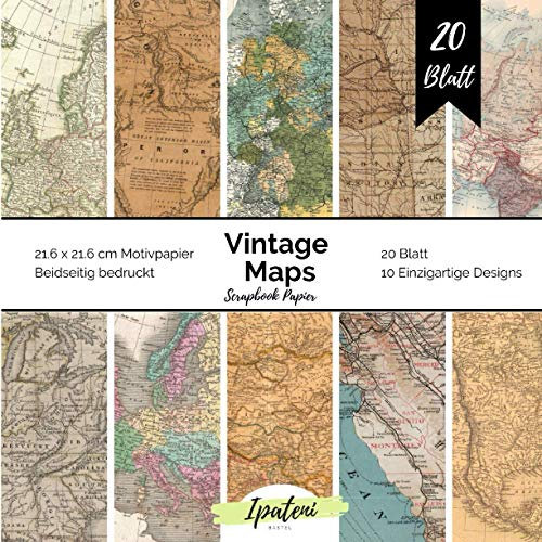 Scrapbook Papier Vintage Maps: Bastelpapier Beidseitig Bedruckt Vintage Weltkarten Papier zum basteln 20 Blatt 21.6 x 21.6 cm Bastelpapier für vielfältige Bastelarbeiten