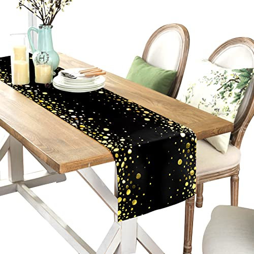 Vesaneae 30cm x 183cm Tischläufer Schwarz Gold, Tischläufer Abwaschbar, Tischdecke Hochwertiger, Rechteckige Tischwäsche, Tischtuch mit Goldpunkten, Tischdekoration für Den Innen- und Außenbereich