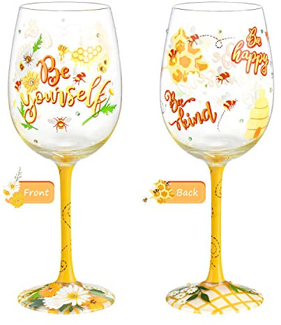 NymphFable Bunte Weingläser Biene Personalisiertes Handgemalt Weinglas Geschenk für Frauen mit Geschenkbox, 15oz (1 stück)