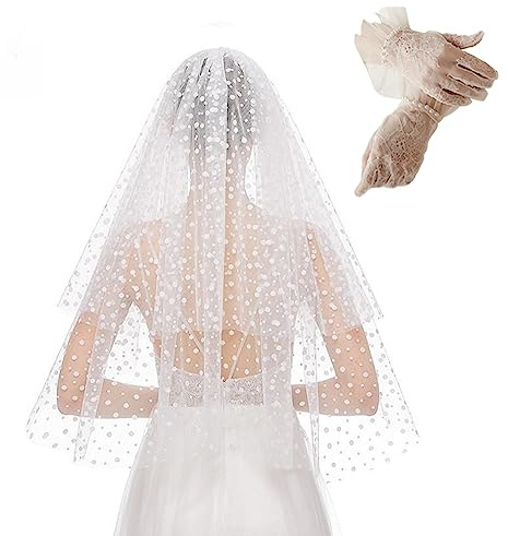 Velo da sposa con guanti corti in pizzo, velo in tulle a 2 strati con motivo a pois, velo da sposa avorio (A39), avorio, Taglia unica