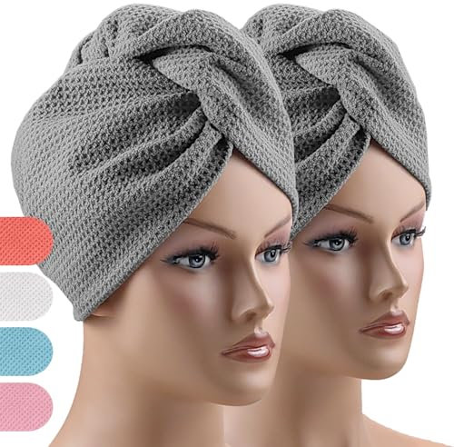 Kavya Haarturban Mikrofaser Handtuch Haare 2 Stück Microfiber Towel Hair Turban Handtuch Mit Knopf Haarhandtuch Handtücher Zum Trocknen Der Haare für Dickes Dünnes Haar (Dunkelgrau)