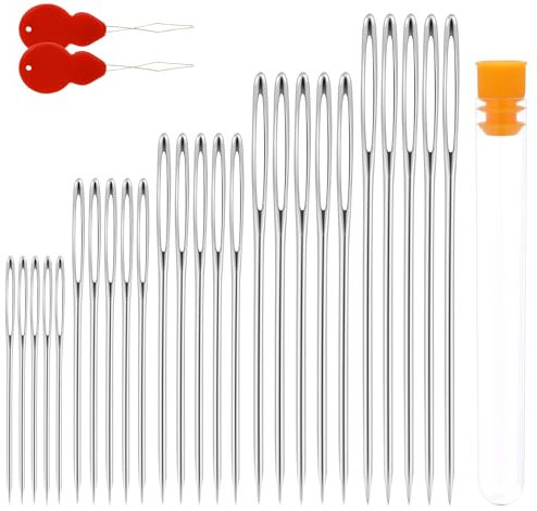 25 Stück Nähnadeln Großes Öhr Handnade 5 Größen Öhrnadel Stopfnadeln Bead Nadeln mit 2 Nadeleinfädler Handnähnadeln und 1 Aufbewahrungsrohr für Armband Schmuck Handwerk Silber