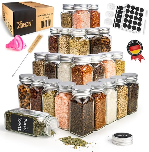 ZEBEN® Kryddburkar fyrkantiga set [25 st 120 ml] kryddburkar set glas rotade glaserset kryddbehållare med kryddströare ströinsats etiketter silikon tratt och rengöringsborste