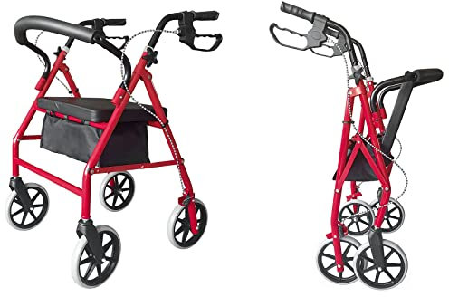 Folding Four Wheel Rollator, Lightweight Mobility Walker with Seat & Carry Bag, Mobility Aid for Elderly Disabled (Red)