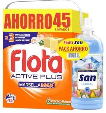FLOTA | PACK Detergente Lavadora en Polvo Marsella Max 45 lavados + Suavizante Ropa Líquido Concentrado 59 Lavados| Ropa Blanca y de Color | Antimanchas y Antiolores