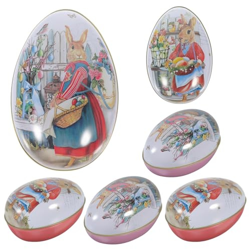 LUOZZY 6Pcs Easter Egg Tin Box Easter Egg Container Bunny Candy Box Metal Cookie Tins Egg Shape Packaging Box Basket Stuffers for Easter Party Favors
