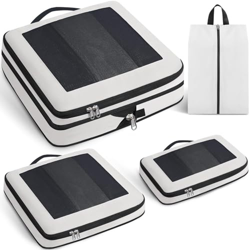 Prezon Set de 4 cubos de almacenamiento con compresión extra fuerte, bolsas espaciosas de malla transpirable y nailon, aptas para guardar ropa y zapatos en casa o de viaje - Crema