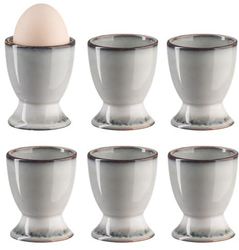 Bluweet Y6) (G6) - Lot de 6 coquetiers - En porcelaine - Pour chaque table de petit-déjeuner - Œufs durs et mollets - Gris - 6 cuillères (Y6) (G6)