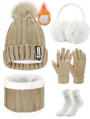 Voqeen Juego de 5 Piezas de Gorro y Bufanda de Punto Guantes de Pantalla táctil Guantes Orejeras de Felpa de Invierno Calcetines térmicos para Gorro de esquí Deportes al Aire Libre