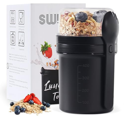 Swkien MüSlibecher to Go, Yoghurt Cup to Go 450 ml + 250 ml, Yoghurt to Go Cup with Spoon, Cereal Cup to Go for Cereal and Yogurt, Leak-Proof Cereal Cup to Go, Lunch Pot (Black)