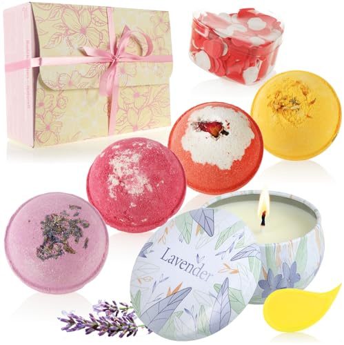 Wilhelm Sell® Juego de 6 Bombas de baño con Vela de Cera de Soja y Confeti de baño: Juego de Regalo de Bienestar para Mujeres y Hombres: Juego de Bombas de baño para el día