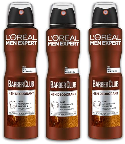 3-pack L'Oréal Paris män expert deodorantspray Barber Club antiperspirant med träig doft deodorant 34 x 150 ml