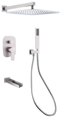 Ducha Empotrada Monomando Conjunto Ducha con Cabezal de Ducha Lluvia Cuadrado 12'' Boquilla de Bañera Ducha de Mano,Cepillado