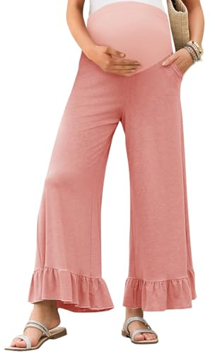 Yousify Womens Maternity Pants Soft Ruffle Flowy Lounge Palazzo Pants Pregnancy Wide Leg Trousers Pink