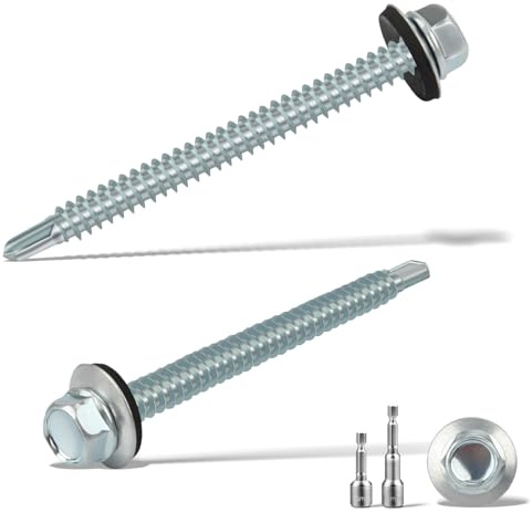 sturiz 50 Piezas Tornillos Autorroscantes 6.3x75MM Tornillos Autotaladrantes Roscachapas con Arandela Tornillos Autoperforantes con 2 Vaso M10 Taladro para Metal Panel Sandwich Tejado Chapas (Plata)