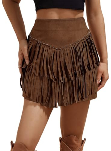 Eauptffy Gonna estiva da donna, con frange, in pelle scamosciata, a vita alta, stile occidentale, mini gonna hippie, stile vintage, gonna con frange, cowgirl kilt in tinta unita, O marrone, S