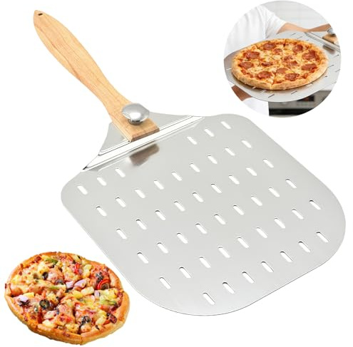Pelle à pizza perforée : 12 pouces en aluminium anodisé, pour pizza avec poignée anti-brûlure, poignée longue amovible-31 x 31 cm