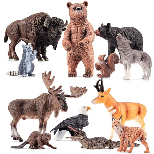 THINKBAY 12PCS Large North American Animal Figurines, Realistic Safari Woodland Jungle Animals Figures Toys Includes Crocodile,Wolf,Bear,Deer, Birthday Gift Party Favors Valentine's Day Gifts for Kids
