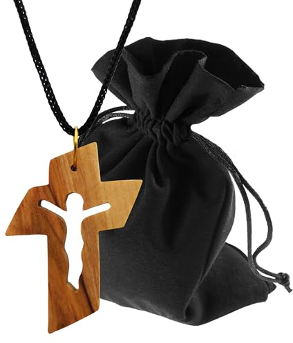Lunexus Collier en bois d'olivier avec figurine du Christ - Fait main Bethléem - Pendentif chrétien béni avec certificat - Symbole sacrifice de rédemption foi avec ruban de 80 cm et pochette cadeau en