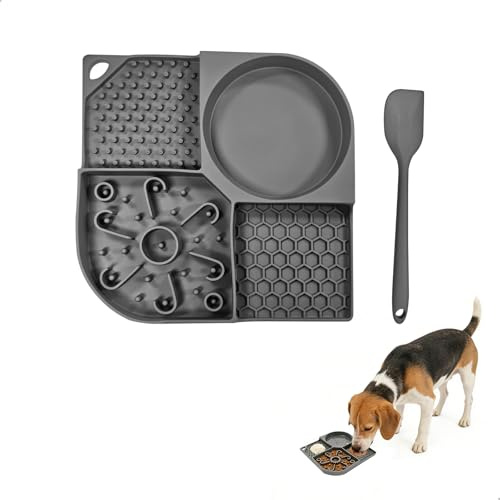 jinminamz Lick Mat Perros, Tapete Comida Perro, 4 In 1tapete para Lamer con Comederos, Silicona Lick Mat para Perros y Gatos, Alfombra Olfativa Perros para Alimentar y Entrenar (Gris)