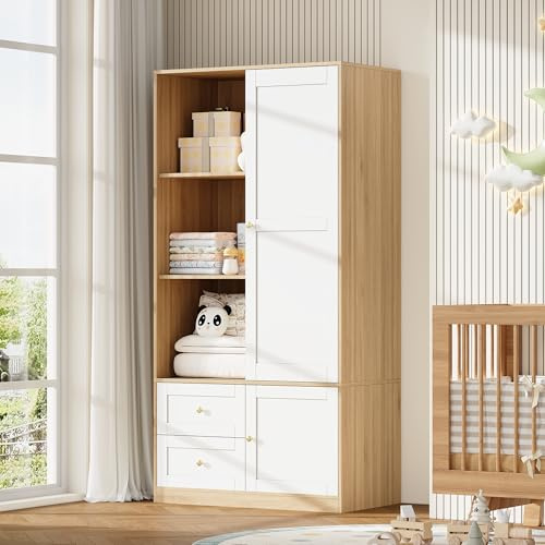 VIEKOS Armadio con porta scorrevole, con asta appendiabiti e cassetti, bianco e colore legno, 90 x 50 x 180 cm, naturale + bianco