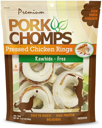 Pork Chomps Pressed Pork Skin Dog Chews, 2.5 Inch Rings, Real Chicken, 8 Count, Pack of 1 - Long-Lasting Treats for Dogs - High Protein, Rawhide-Free, Low Fat, Healthy & Delicious Chews