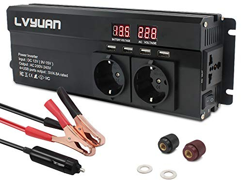 Cantonape Spannungswandler 12V 230V /1000w (2000w Peak Wechselrichter mit 3 Steckdose und 4 USB LED Spannungsanzeige schwarz