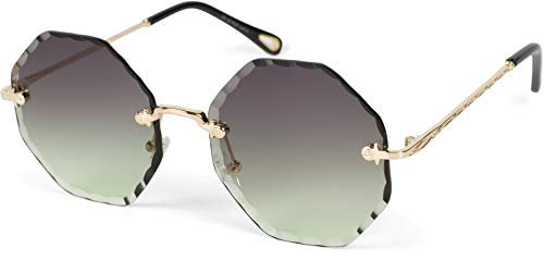 styleBREAKER Damen Runde Sonnenbrille Rahmenlos mit getönten Gläsern im Diamant Schliff, Geprägte Bügel, Vieleckige Gläser 09020118, Farbe:Gestell Gold/Glas Grau-Grün Verlauf