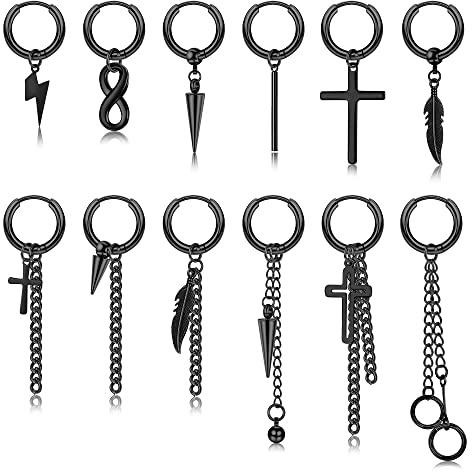 KALVICA 12 Stücke Edelstahl Ohrringe für Herren und Damen - Kreuz, Punk Mit Federanhänger, Creolen, Schwarze Kpop, Gothic - Farbe Silber Schwarz