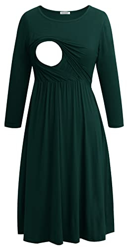 Smallshow Nursing Dresses Robe d'allaitement maternité à Manches 3/4 pour Femmes Deep Green L