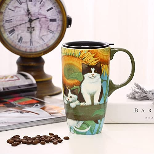 DUSVALLY Ceramic Mug Large Coffee Cup Tall Mugs Porcelain Latte Tea Cup with Lid 17oz Animal Mug,Cat